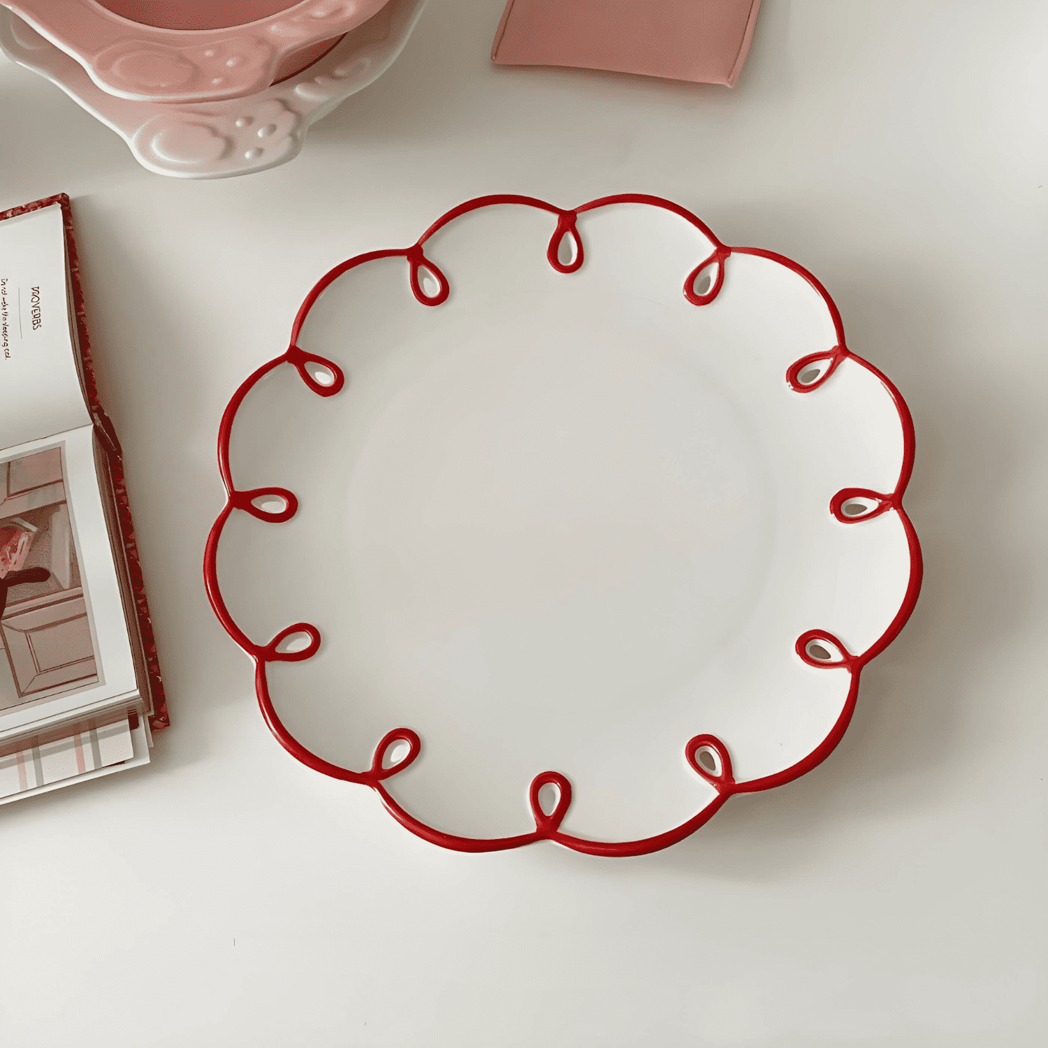 French style white Red rim plate